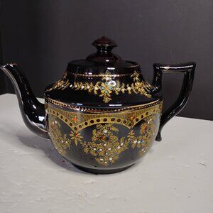 RARE RED WARE BROWN BETTY TEA POT HAND PAINTED WITH ENAMEL